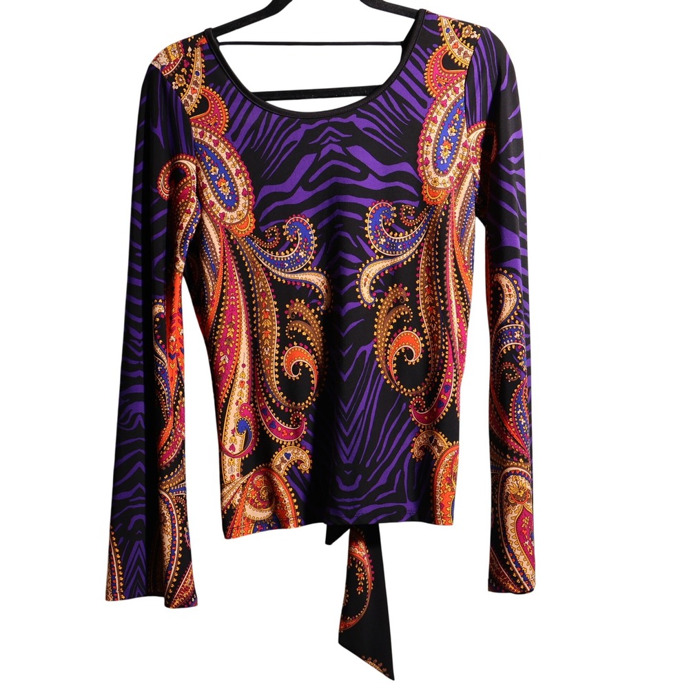 Venus Purple‎ Orange Paisley Zebra Mixed Print Tie Back Disco Psychedelic Top S